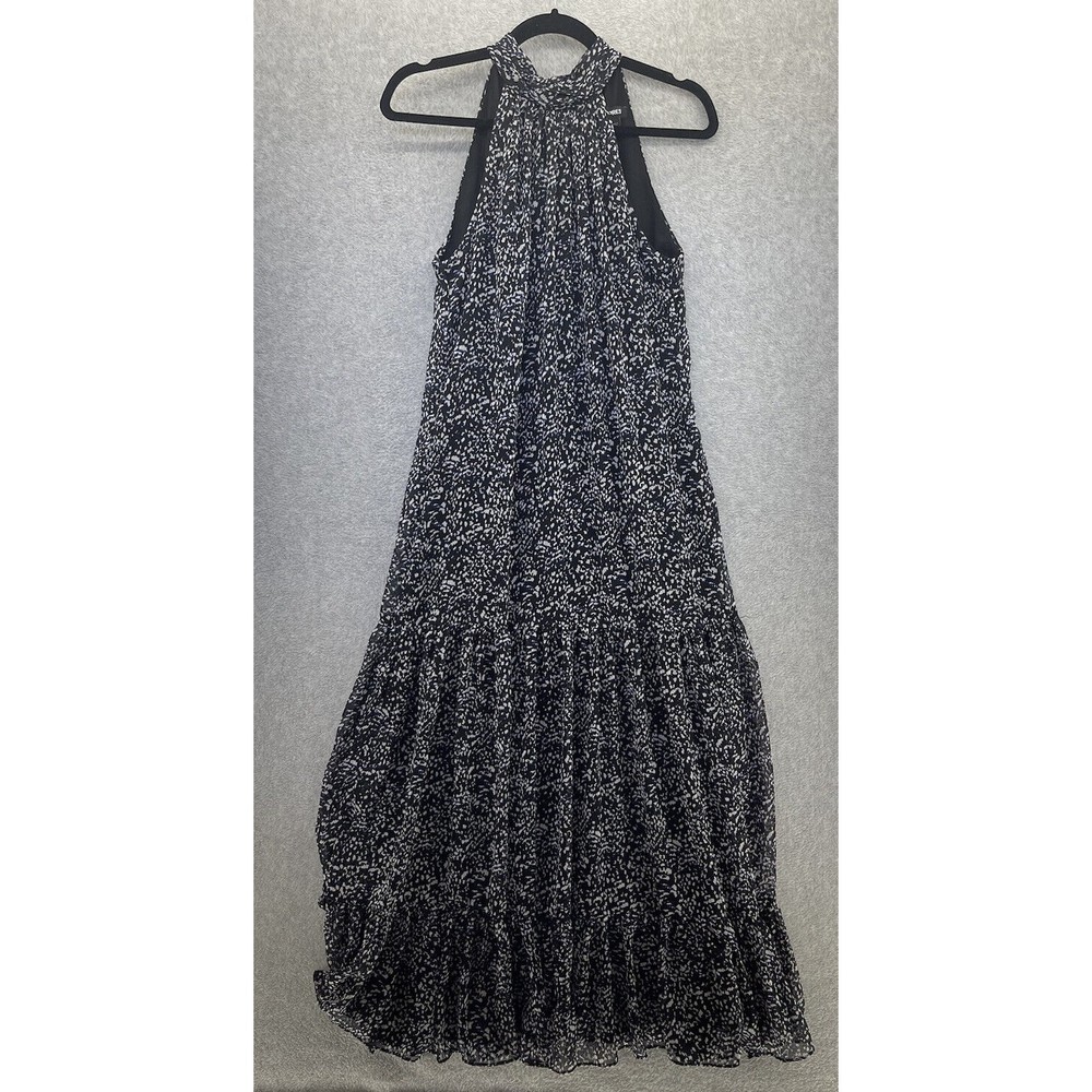Express Women's Maxi Dress Sleeveless High Neck Black Blue Small Printed Pleats - Picture 1 of 10